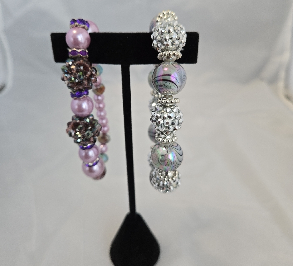 Handmade Stretch Beaded Bracelet Set Pink Purple & Silver Gray Sparkle - Picture 7 of 9